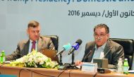 Marwan Kabalan, Associate Researcher, Policy Analysis Unit Coordinator, and Azmi Bishara, General Director of the Arab Center for Research and Policy Studies, at the opening session.