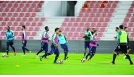 Al Ahli Saudi FC players train at the Al Arabi SC Stadium in Doha yesterday, ahead of their 'Match of the Champions' encounter against Barcelona. The game takes place at the Al Gharafa Stadium in Doha tomorrow with the kick-off set for 7pm. 	      Picture