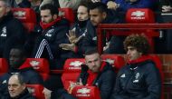 Manchester United's Juan Mata, Daley Blind, Sergio Romero, Eric Bailly, Wayne Rooney and Marouane Fellaini on the substitutes bench Action Images via Reuters / Jason Cairnduff 
