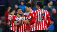 Southampton's Sofiane Boufal celebrates scoring their first goal with Jose Fonte, Nathan Redmond and Virgil van Dijk Reuters / Eddie Keogh
