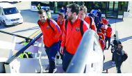 Barcelona players board the flight as they prepare to leave for Doha to play against Al Ahli Saudi FC in the Match of the Champions at the Thani Bin Jassim Stadium, starting at 7.00pm today. Picture courtesy www.fcbarcelona.com