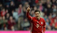 Robert Lewandowski celebrates after scoring a goal during the Bundesliga soccer match between FC Bayern Munich and VfL Wolfsburg at the Allianz Arena on December 10, 2016, in Munich, Germany. ( Andreas Gebert - Anadolu Agency )
