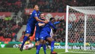 Leicester City's Daniel Amartey celebrates scoring their second goal with team mates Reuters / Anthony Devlin 