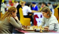 Anna Muzychuk of Ukraine (right) in action during the World Rapid Chess competition at the Ali Bin Hamad Al Attiyah Arena, in Doha, yesterday.  Picture by: Salim Matramkot/The Peninsula