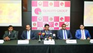Shamsudheen Olakara (centre), Chairman Quality Hyper market, Rayees Ahammed (first left), Mins Mathew (second left), Shahid  V (second right) and Ramshad Hassan during the press conference in Al Khor. Pic: Abdul Basit / The Peninsula