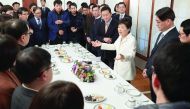 South Korean President Park Geun-hye speaks during a meeting with reporters at the Presidential Blue House in Seoul, South Korea, yesterday.