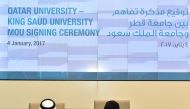 QU Vice-President for Research and Graduate Studies Prof Mariam Al-Maadeed and KSU Vice-President for Graduate Studies and Research Prof Ahmed Al-Amri signing the MoU. 
