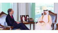 Prime Minister and Interior Minister H E Sheikh Abdullah bin Nasser bin Khalifa Al Thani with UK Chancellor of the Exchequer, Philip Hammond, yesterday. They discussed bilateral relations and means to promote them.

