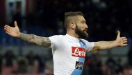 Napoli's Lorenzo Tonelli celebrates after scoring second goal . (REUTERS/Ciro De Luca)
