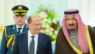The Custodian of the Two Holy Mosques King Salman bin Abdulaziz Al Saud of Saudi Arabia with Lebanon's President Michel Aoun in Riyadh, yesterday.