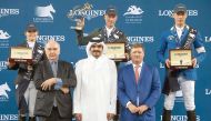 Qatar Olympic Committee President Sheikh Joaan bin Hamad Al Thani with the overall winners of the Global Champions Tour champion Rolf-Goran Bengtsson of Sweden (top centre), second-placed Edwina Tops-Alexander of Australia (top left), and Christian Ahlman