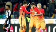  AS Roma's Radja Nainggolan (R) celebrates their win with his teammate Kevin Strootman at the end of the match. REUTERS/Alessandro Garofalo
