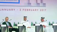 Minister of Finance H E Ali Shareef Al Emadi (right) with other speakers at the opening session of  the working group meeting of  the Egmont Group in Doha , yesterday