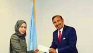 H E Sheikha Alia handing over the cheque to Director of UNCCT  Dr Jehangir Khan.