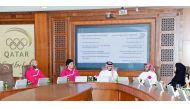Qatari Olympians (from left) Mahmoud Zaky, Fares Ibrahim and shooter Sarah Mohammed (right) and golfer Saleh Al Kaabi (second right) join the discussions during a press briefing held at the Qatar Olympic Committee Headquarters yesterday.
