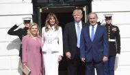 US President Donald Trump and First Lady Melania Trump welcome Israeli Prime Minister Benjamin Netanyahu and his wife, Sara, as they arrive at the White House in Washington, DC, February 15, 2017. AFP / Saul Loeb
