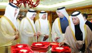 Deputy Prime Minister and Minister of State for Cabinet Affairs H E Ahmed bin Abdullah bin Zaid Al Mahmoud and Minister of Economy and Commerce H E Sheikh Ahmed bin Jassim Al Thani, and other officials tour the Doha Jewellery and Watches Exhibition at the
