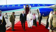 President of the Republic of Azerbaijan, Ilham Aliyev, being received at the  Hamad International Airport by the Minister of Economy and Commerce H E Sheikh Ahmed bin Jassim bin Mohammed Al Thani, yesterday.
