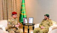 Emiri Guard Commander Major General Hazza bin Khalil Al Shahwani with Kuwaiti Emiri Guard Commander Brigadier Fahad Abdulrahman Al Zaid and his accompanying delegation at Barzan Camp, yesterday, on the sidelines of the joint exercise Gulf Falcon 2 between