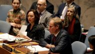  British ambassador to the UN Matthew Rycroft speaks in support of the resolution. Photograph: Mike Segar/Reuters.