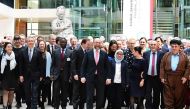 Martin Schulz (C), top candidate of the German Social Democratic Party (SPD) in this year's general elections, Sweden's Prime Minister Stefan Lofven (front row 5L) pose for a group picture with party leaders at the start of a convention of the 