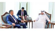 Prime Minister and Interior Minister H E Sheikh Abdullah bin Nasser bin Khalifa Al Thani with Minister of Economy and Trade of the Republic of Kyrgyzstan, Kojoshev Arzybek, in Doha yesterday. During the meeting, they discussed cooperation between the two 