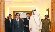 Emir H H Sheikh Tamim bin Hamad Al Thani with Turkmenistan President Gurbanguly Berdimuhamedow, at Emiri Diwan yesterday. Talks dealt with bilateral relations and means of enhancing them in all fields, especially in the energy, environment and investment 