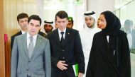 H E Sheikha Hind bint Hamad Al Thani, Vice Chairperson and CEO of Qatar Foundation (QF), with the President of Turkmenistan, Gurbanguly Berdimuhamedow, at QF Headquarters yesterday.