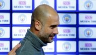 Manchester City manager Pep Guardiola during the announcement of a partnership with Nexen Tire. Reuters / Ed Sykes
