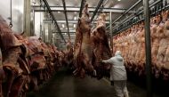This image of a worker arranging slaughtered cattle in the freezing room,  in the Marfrig Group slaughter house in Promissao, 500 km northwest of Sao Paulo, taken on October 7, 2011, is used for graphical purpose only. (REUTERS/Paulo Whitaker) 