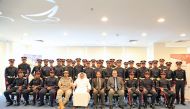 Students of Ahmed bin Mohammed Military College after attending lecture on human rights with Jaber Huwail, Ali Muharram and First Lieutenant Saleh Jar Allah Al Nabiet.
