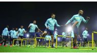 Qatar national team players taking part in a training session under the watchful eyes of coach Jorge Fossati in Doha, on the eve of their FIFA 2018 World Cup qualifying match against Group A leaders Iran. 