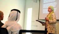 Asifa Quraishi-Landes speaking at Northwestern University in Qatar.