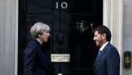 Britain's Prime Minister Theresa May greets Qatar's Prime Minister and Minister of Interior  H E Sheikh Abdullah Bin Nasser Al Thani at Downing Street in London, Britain March 27, 2017. REUTERS/Neil Hall
