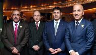 Prime Minister and Interior Minister H E Sheikh Abdullah bin Nasser bin Khalifa Al Thani (second right), H E Jassim Saif Al Sulaiti, Minister of Transport and Communications (left), H E Ali Sherif Al Emadi, Minister of Finance (right) and Qatar Airways Gr