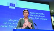 European Competition Commissioner Margrethe Vestager holds a news conference after EU antitrust regulators blocked the proposed merger of Deutsche Boerse and the London Stock Exchange yesterday.