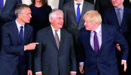 FROM LEFT: Nato Secretary-General Jens Stoltenberg, US Secretary of State Rex Tillerson and British Foreign Secretary Boris Johnson take part in a meeting of Nato foreign ministers at the Alliance's headquarters in Brussels, yesterday.