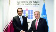 Foreign Minister H E Sheikh Mohammed bin Abdulrahman Al Thani with UN Secretary-General Antonio Guterres and (RIGHT) Lebanese Prime Minister Saad Hariri in Brussels yesterday.