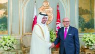 President of Tunisia, Beji Caid Essebsi, with Prime Minister and Interior Minister H E Sheikh Abdullah bin Nasser bin Khalifa Al Thani at the Presidential Palace in Tunis yesterday. 