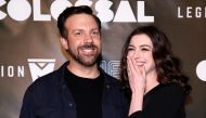 Cast members Anne Hathaway and Jason Sudeikis pose at the premiere of the movie 