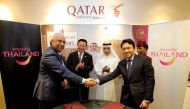 Signing of MoU by Qatar Airways Chief Commercial Officer Mr. Ehab Amin and TAT Deputy Governor for International Marketing Europe, Africa, Middle East and Americas Mr. Tanes Petsuwan
