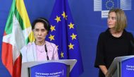 Myanmar's First State Counsellor Aung San Suu Kyi (L) and European Commission foreign policy chief Federica Mogherini address a press conference after a meeting at the European Commission in Brussels on May 2, 2017.  AFP / Emmanuel Dunand
