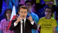 (FILES) This file photo taken on May 1, 2017 at the Paris Event Center in Paris shows French presidential election candidate for the En Marche ! movement, Emmanuel Macron delivering a speech during a campaign rally. AFP / Eric FEFERBERG

