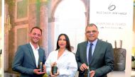 Fawaz Idrissi (right), CEO of Blue Salon, with Laura, Brand Ambassador (centre), and Edouard Roose, Area Sales Manager, at the launch of Parfums de Marly at Blue Salon, yesterday. Pic: Abdul Basit/ The Peninsula