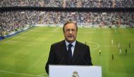 (FILES) This file photo taken on July 22, 2014 at the Santiago Bernabeu stadium in Madrid shows Real Madrid's President Florentino Perez speaking during the presentation of Colombian striker formerly at AS Monaco James Rodriguez. AFP / PIERRE-PHILIPPE MAR