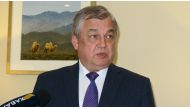 Russian President Putin's special envoy to Syria Alexander Lavrentiev speaks to press members after a session of the first day of fourth round of Syria peace talks in Astana, Kazakhstan on May 03, 2017. ( Aliia Raimbekova - Anadolu Agency )

