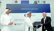 Chairman of General Authority of Customs, Ahmed bin Abdullah Al Jamal (left), Dr Ibrahim Saleh Al Naimi, President of Community College of Qatar (CCQ), and Prof David Widdowson, Head of Centre for Customs and Excise Studies at the Charles Sturt University
