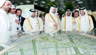 Minister of Economy and Commerce, H E Sheikh Ahmed bin Jassim bin Mohammed Al Thani, Minister of Energy and Industry, H E Dr Mohammed bin Saleh Al Sada, and Manateq CEO, Fahad Rashed Al Kaabi, during the opening of the Project Qatar 2017 exhibition at Doh