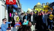 Tim Farron, leader of Britain's Liberal Democrat Party, campaigns in St Andrews, Scotland, yesterday.
