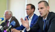Former Chairmen of the chambers of the independent FIFA Ethics Committee, Hans-Joachim Eckert (left) and Cornel Borbely (right) give a press conference after FIFA's decision to remove its ethics team yesterday. 